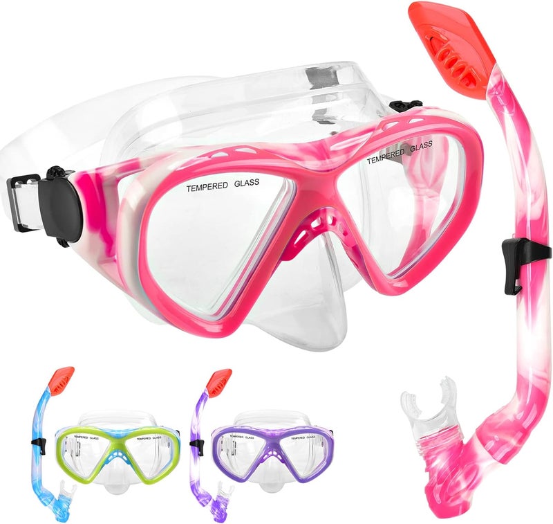 ACQCES Kids Snorkel Set Dry Top Snorkeling Gear for Kids Youth Boys Girls Junior Age 5-15,Tempered Glass Swimming Diving Mask and Snorkel Set 180 Degree Panoramic View - Image 1